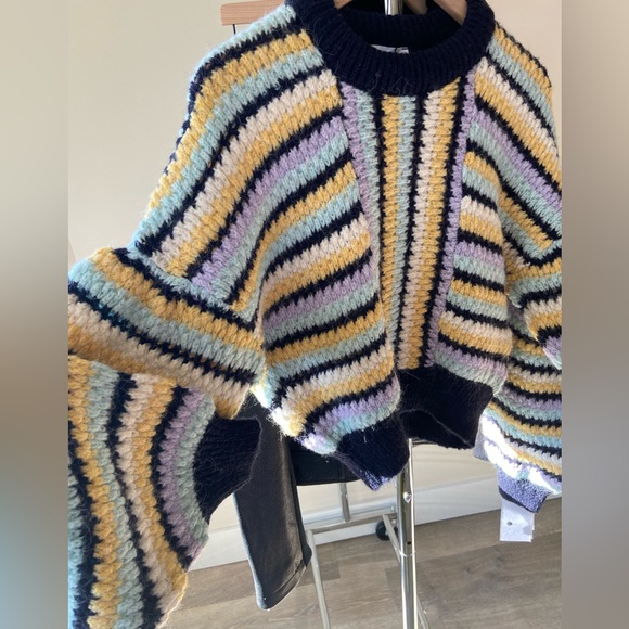 L ๐ ZARA Striped Knit Sweater Round Neck Multicolored Yellow Navy Purple - Picture 8 of 15